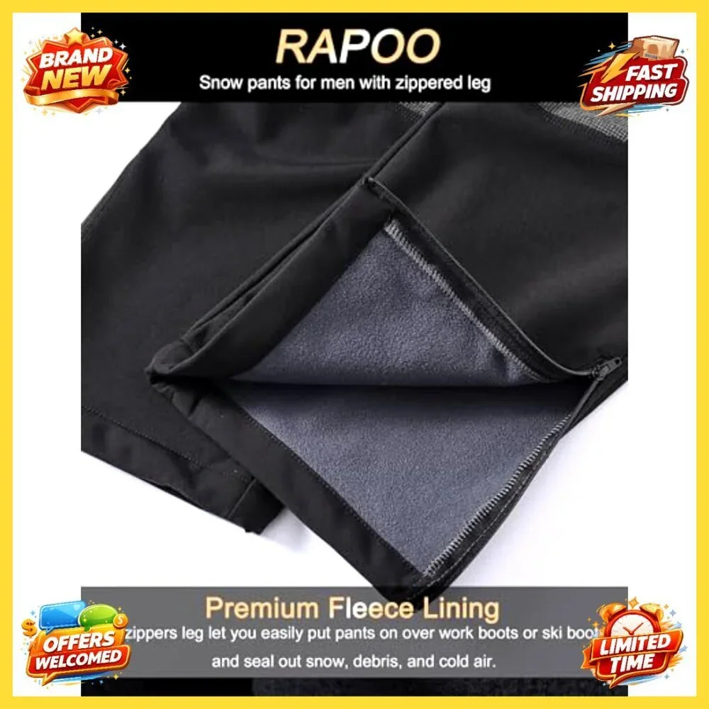 Men's Waterproof Fleece-Lined Ski Pants, Windproof Softshell with Zippered